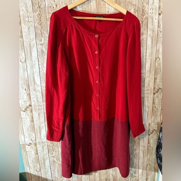 Eileen Fisher M 100% silk color block red burgundy Lagenlook button midi dress - Picture 1 of 7